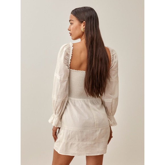 New Reformation Dunes Dress Cream Puff Long Sleeve Smocked Square Neck Mini Sz 4 - Picture 7 of 16